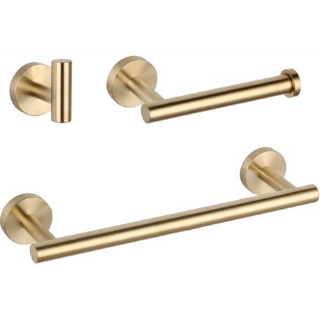Accesorios de baño en dorado cepillado de acero inoxidable SUS304: Toallero + portarrollos + percha