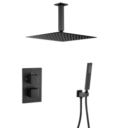 Conjunto de ducha  empotrada  cuadrada techo negra mate termostatica