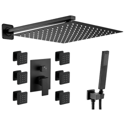Ducha empotrada hidromasaje negro mate con 6 jets y rociador extraplano