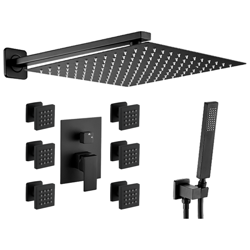 Ducha empotrada hidromasaje negro mate con 6 jets y rociador extraplano