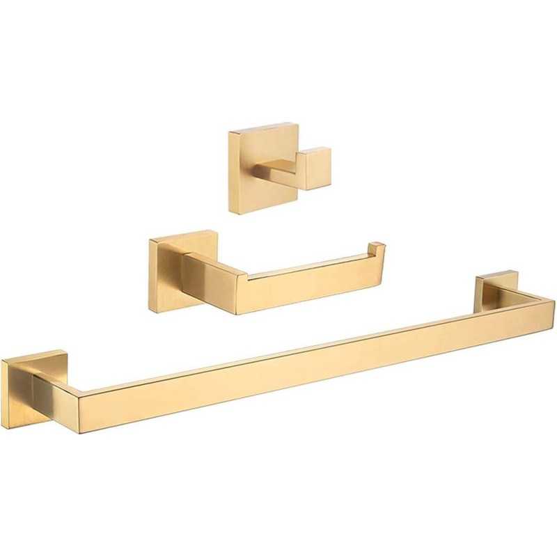 Accesorios de baño cuadrados en dorado cepillado de acero inoxidable SUS304: Toallero + portarrollos + percha