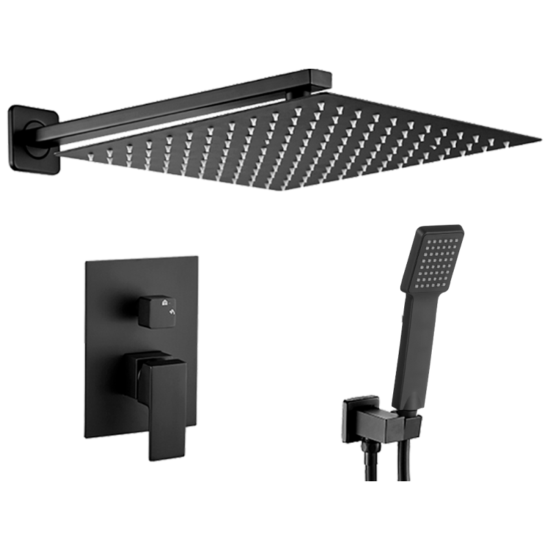 Griferia de ducha empotrada cuadrada monomando negro mate cromado con maneta ancha
