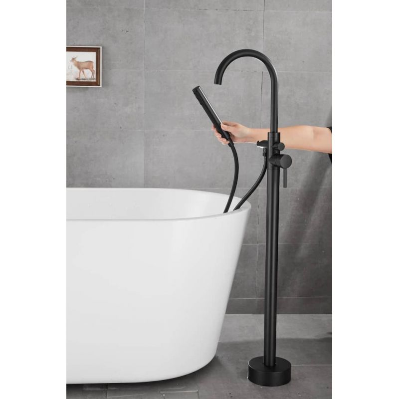  Grifo de bañera moderno negro mate para bañera fría y caliente,  grifo mezclador de latón con ducha de mano extraíble, 5 agujeros, juego de  ducha montado en la cubierta, grifo de