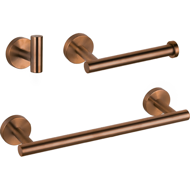 Accesorios de baño en oro rosa cepillado de acero inoxidable SUS304: Toallero + portarrollos + percha