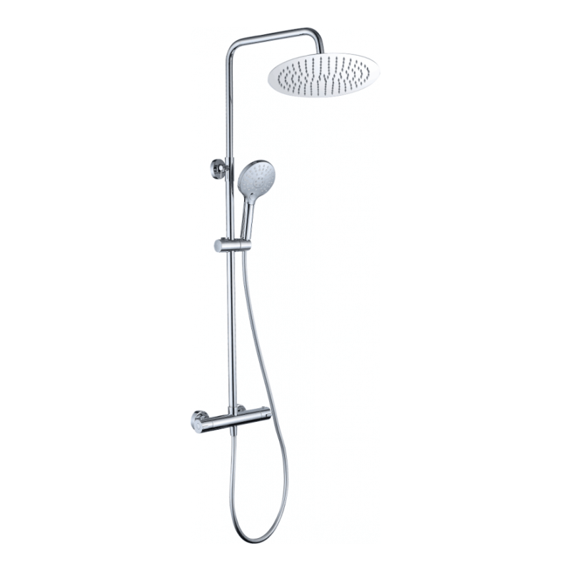 Columna termostática negra para ducha con rociador redondo de 25 cm.